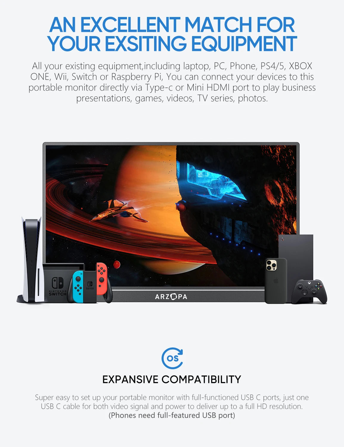 Novo ARZOPA 17.3 FHD Monitor Portátil 1080P Tela IPS de Exibição Externa com USB-C mini-porta HDMI para Laptop Mac PC Xbox PS Switch,com Suporte Embutido,A1M
