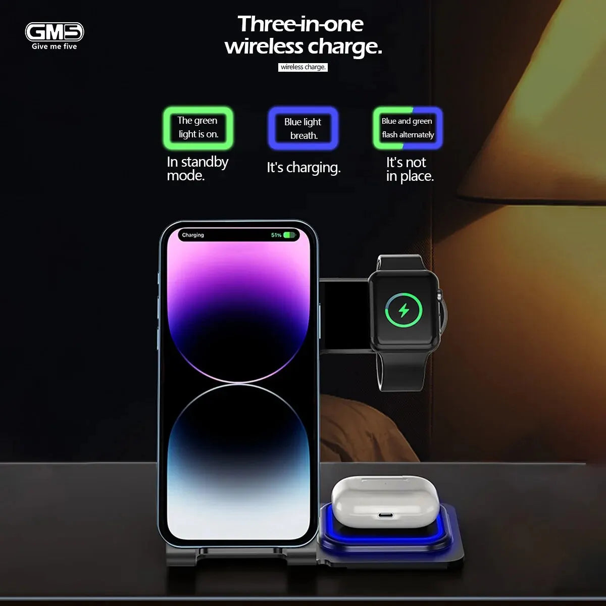 Base Carregadora Por Indução 3 Em 1 Carrega Smartwatch Celular e Fone Sem Fio Bluetooth Da Maça