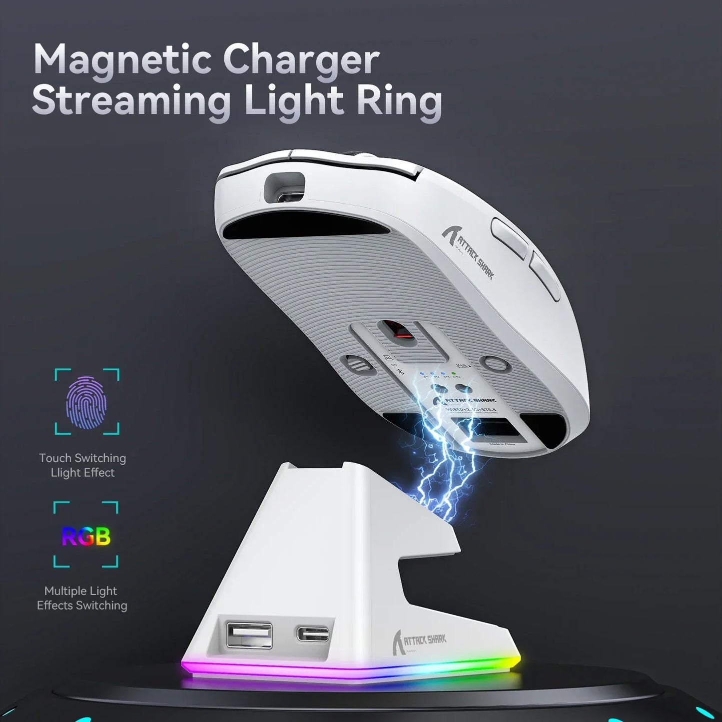 Mouse Gaming - Attack shark x6 paw3395, mouse bluetooth, conexão de três modos, rgb, base de carregamento magnético, macro