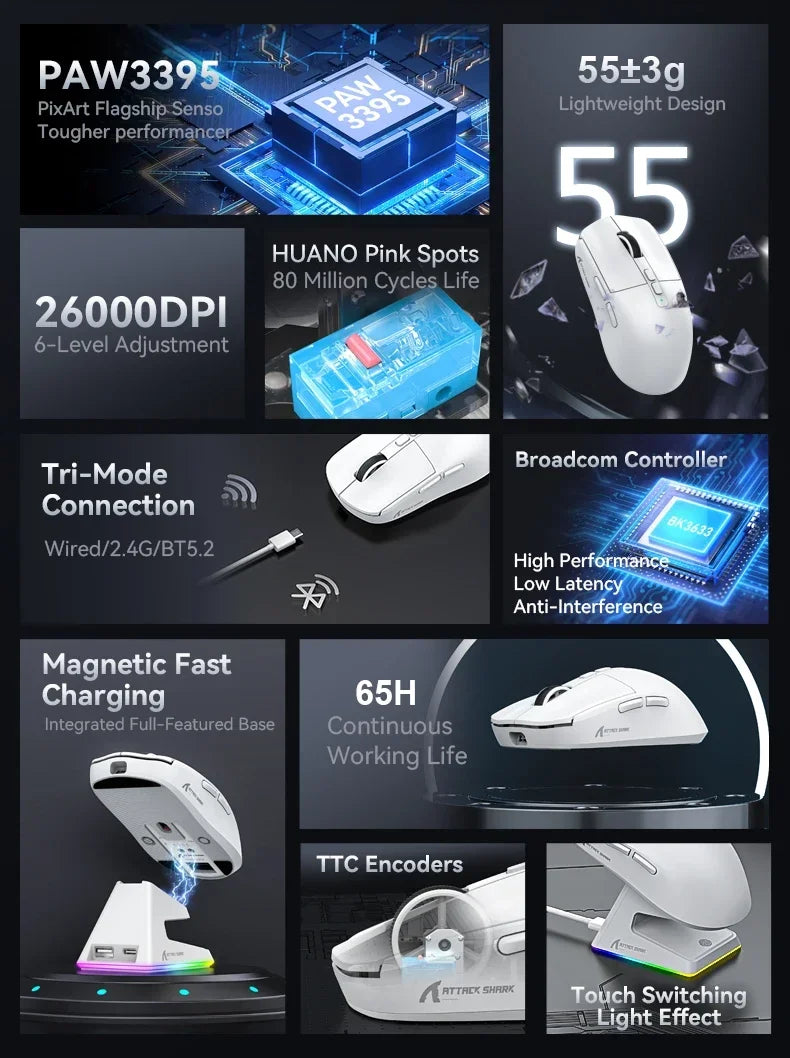 Mouse Gaming - Attack shark x6 paw3395, mouse bluetooth, conexão de três modos, rgb, base de carregamento magnético, macro