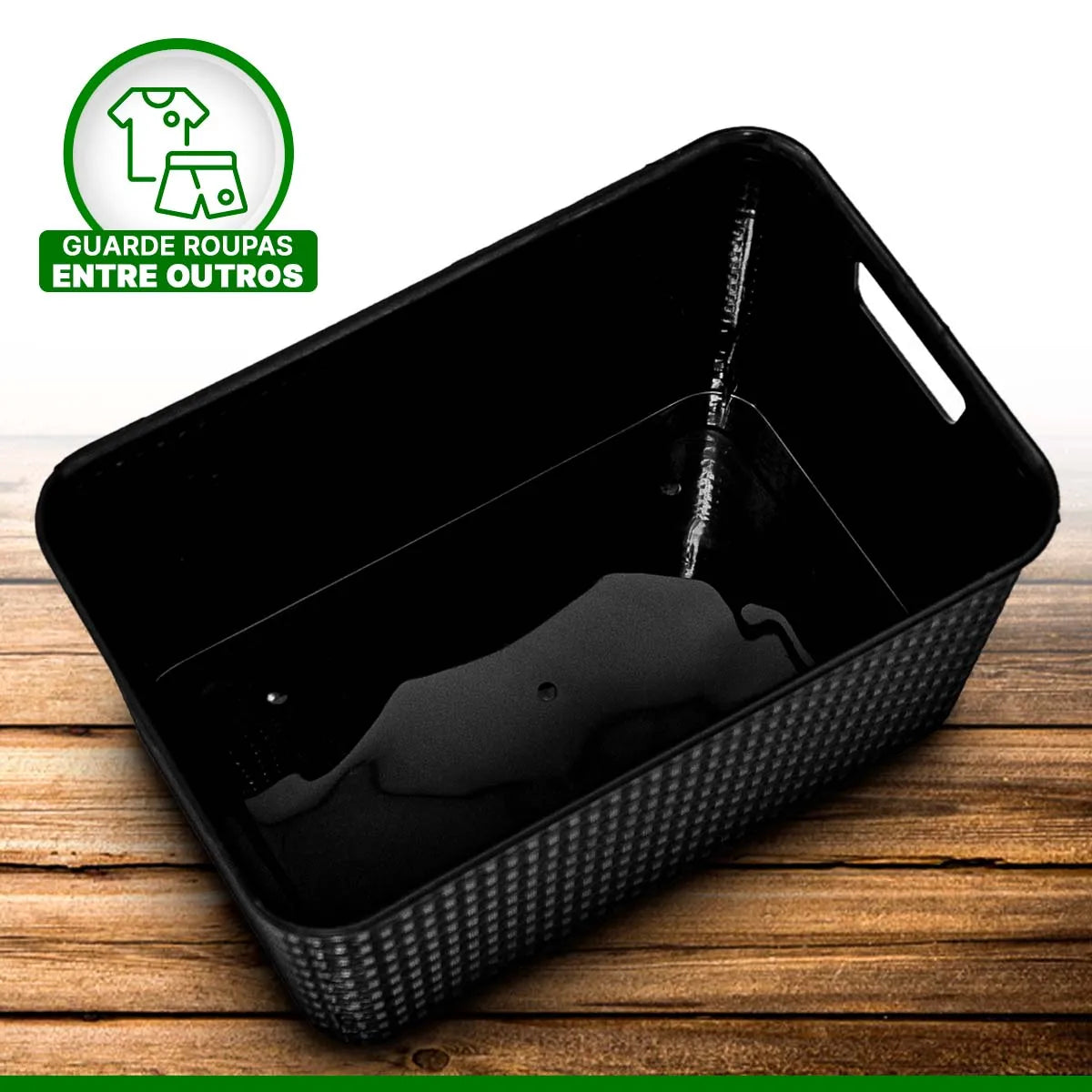Kit 3 Caixa Organizadora Rattan Cesto Preto Com Tampa 7L 15L 20L