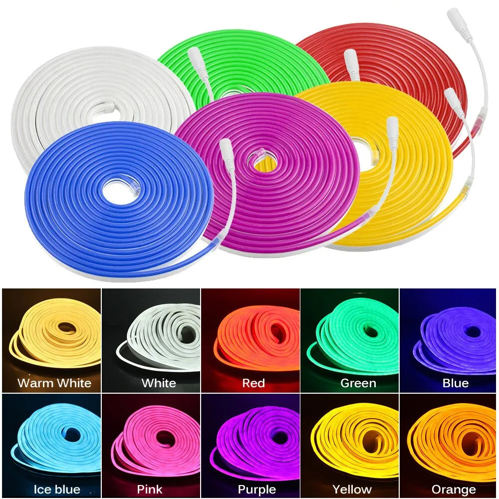 Fita LED Neon com Tubo de Silicone Rolo de 5 Metros 12V Decoração Iluminação Residencial Interior Exterior Flexível