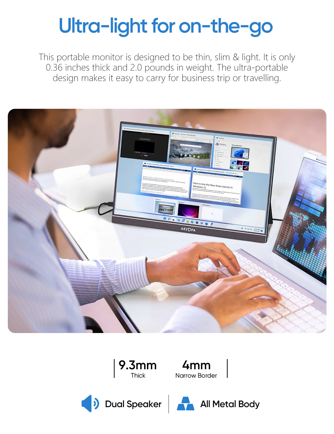 Novo ARZOPA 17.3 FHD Monitor Portátil 1080P Tela IPS de Exibição Externa com USB-C mini-porta HDMI para Laptop Mac PC Xbox PS Switch,com Suporte Embutido,A1M