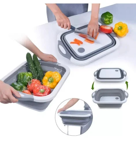 Tábua + Escorredor Bacia Cesta Retrátil Silicone Multifuncional Cozinha 3 em 1