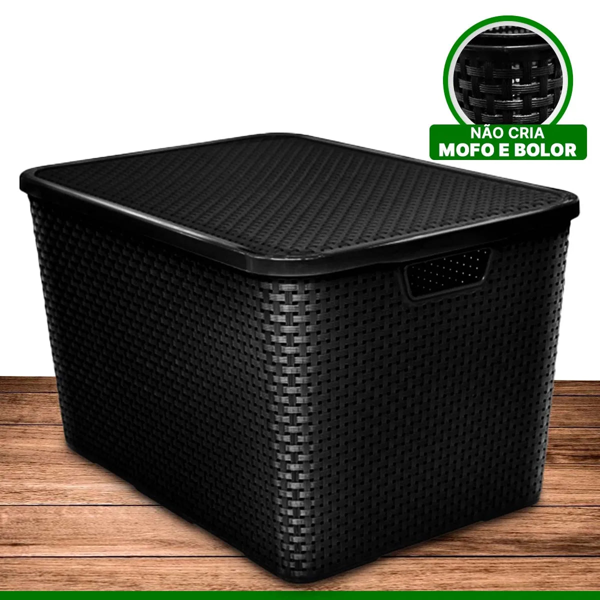 Kit 3 Caixa Organizadora Rattan Cesto Preto Com Tampa 7L 15L 20L