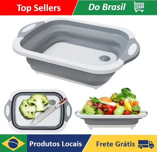 Tábua + Escorredor Bacia Cesta Retrátil Silicone Multifuncional Cozinha 3 em 1