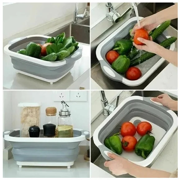 Tábua + Escorredor Bacia Cesta Retrátil Silicone Multifuncional Cozinha 3 em 1