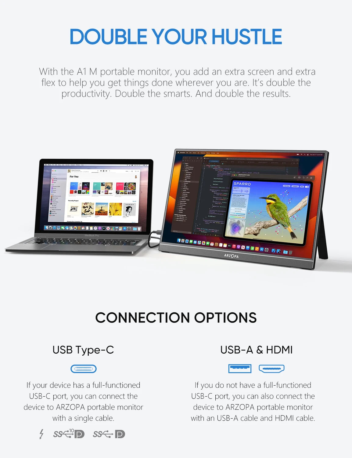 Novo ARZOPA 17.3 FHD Monitor Portátil 1080P Tela IPS de Exibição Externa com USB-C mini-porta HDMI para Laptop Mac PC Xbox PS Switch,com Suporte Embutido,A1M