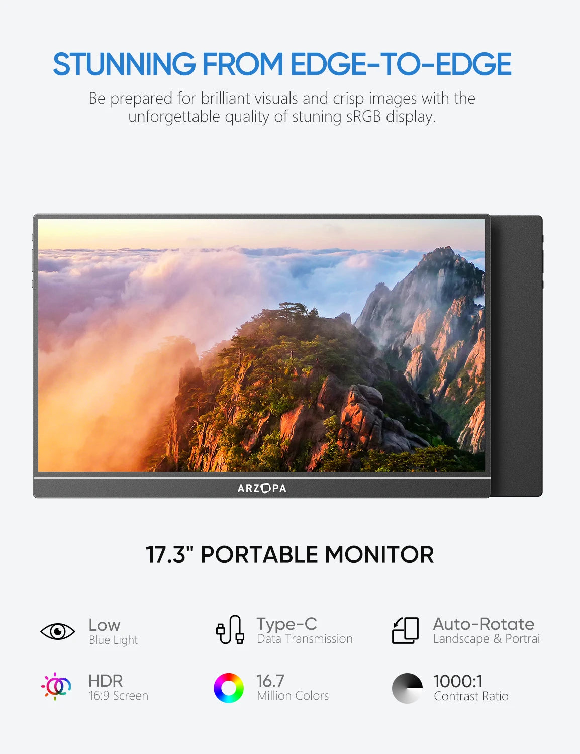 Novo ARZOPA 17.3 FHD Monitor Portátil 1080P Tela IPS de Exibição Externa com USB-C mini-porta HDMI para Laptop Mac PC Xbox PS Switch,com Suporte Embutido,A1M