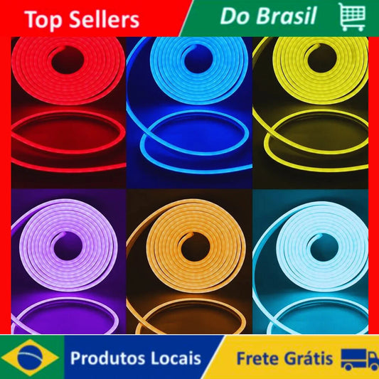Fita LED Neon com Tubo de Silicone Rolo de 5 Metros 12V Decoração Iluminação Residencial Interior Exterior Flexível