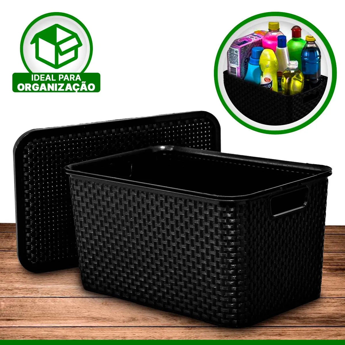 Kit 3 Caixa Organizadora Rattan Cesto Preto Com Tampa 7L 15L 20L