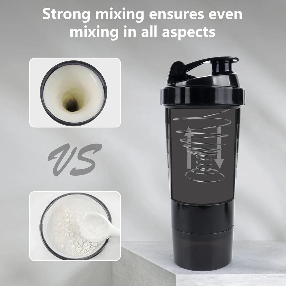 shaker de 3 camadas, garrafa de proteína em pó, copo de agitação, garrafa de água, copo de mistura de plástico, garrafa de exercício de construção corporal
