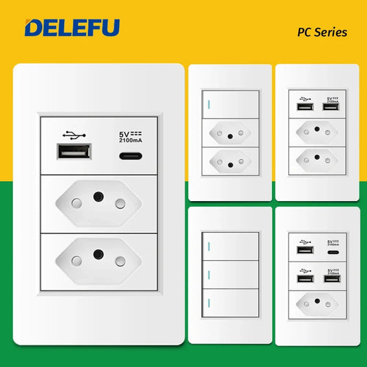 painel de pc à prova de fogo, tomada padrão brasil, tomada dupla usb tipo c, tomada de parede, interruptor de luz, escritório 118*72mm, branco 10a 20a