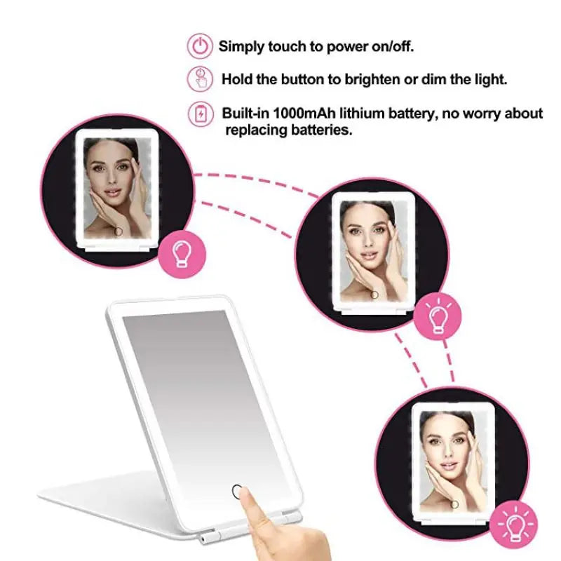 Portátil Vanity Lamp Folding Cosméticos Espelhos, Iluminado Touch Screen Makeup Mirror, Lâmpada LED, USB Recarregável, Design Dobrável