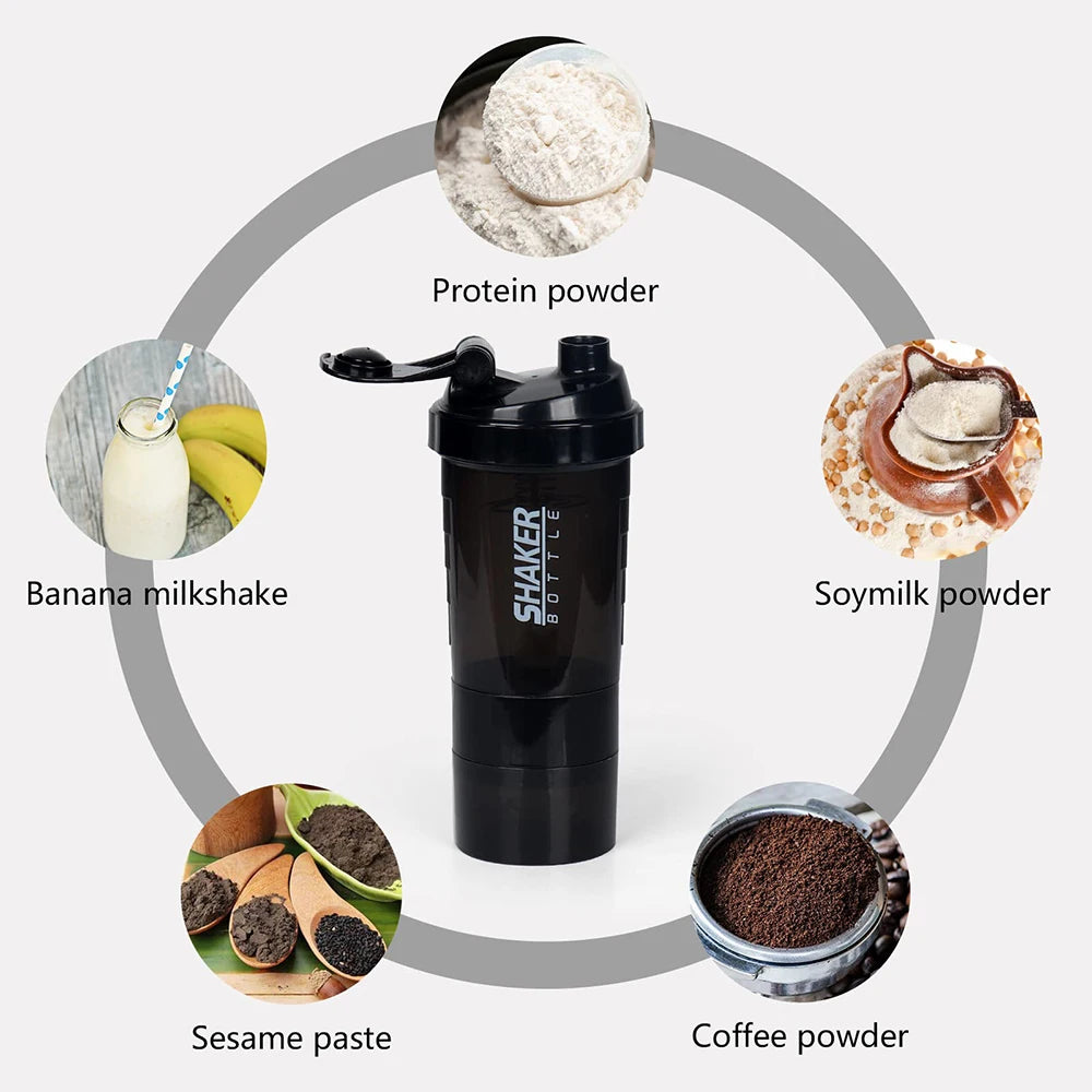 shaker de 3 camadas, garrafa de proteína em pó, copo de agitação, garrafa de água, copo de mistura de plástico, garrafa de exercício de construção corporal