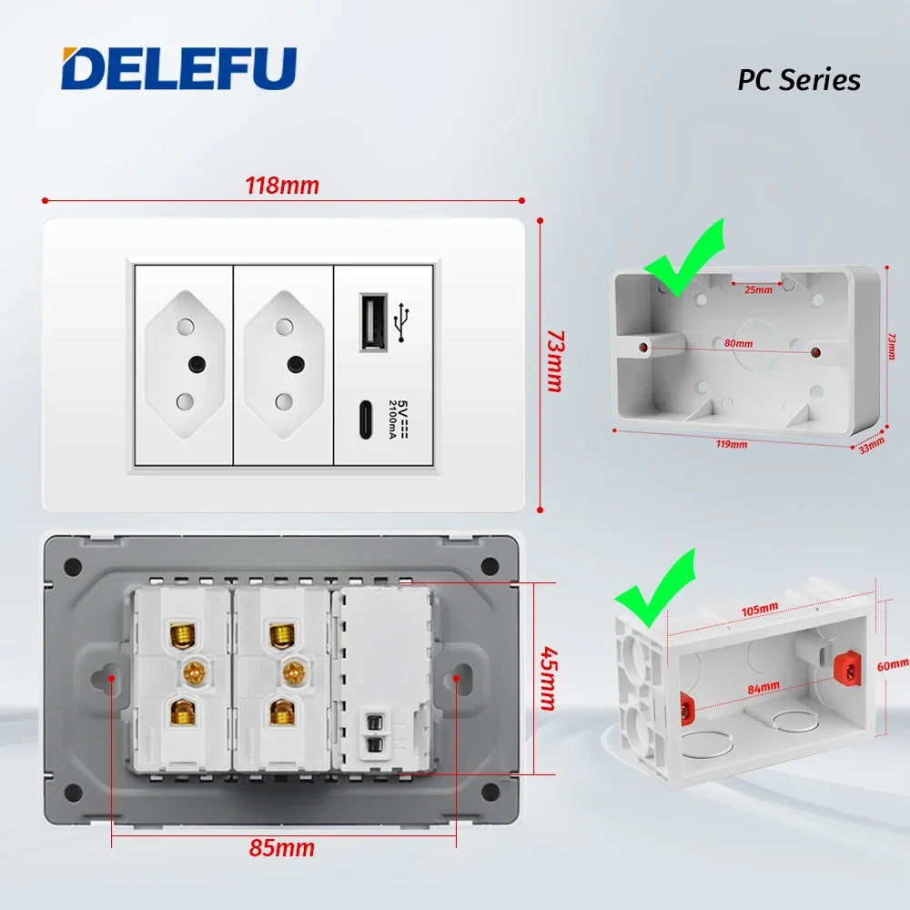 painel de pc à prova de fogo, tomada padrão brasil, tomada dupla usb tipo c, tomada de parede, interruptor de luz, escritório 118*72mm, branco 10a 20a
