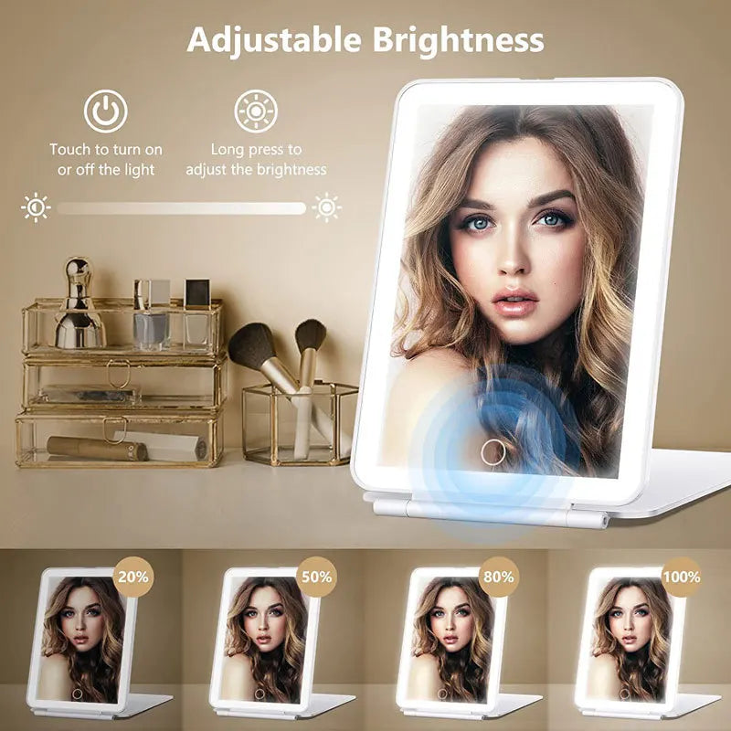 Portátil Vanity Lamp Folding Cosméticos Espelhos, Iluminado Touch Screen Makeup Mirror, Lâmpada LED, USB Recarregável, Design Dobrável