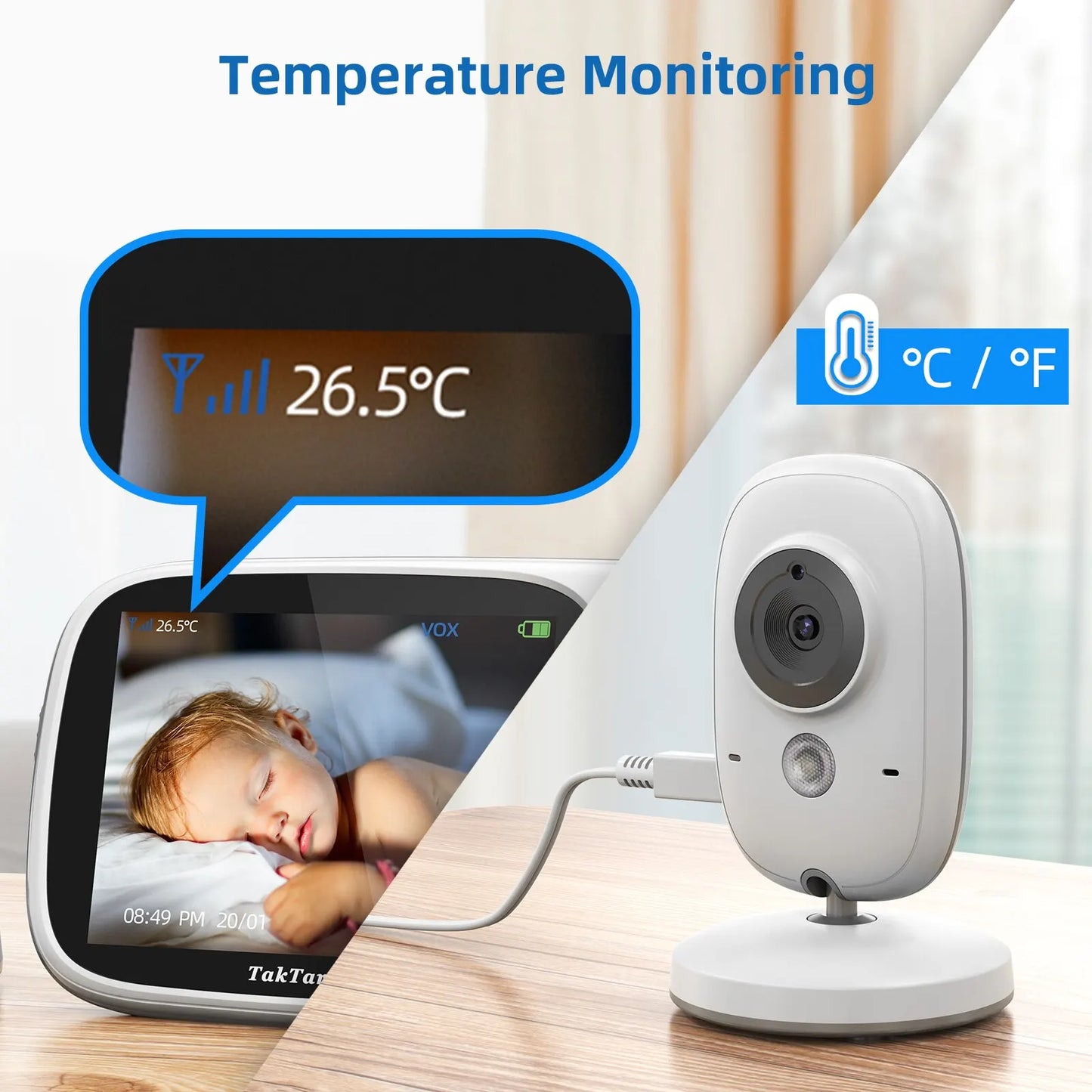 TakTark-Wireless Baby Monitor Vídeo com Canções de ninar, Auto Night Vision, Two Way Intercom, Monitoramento de Temperatura, Babá, 3,2"