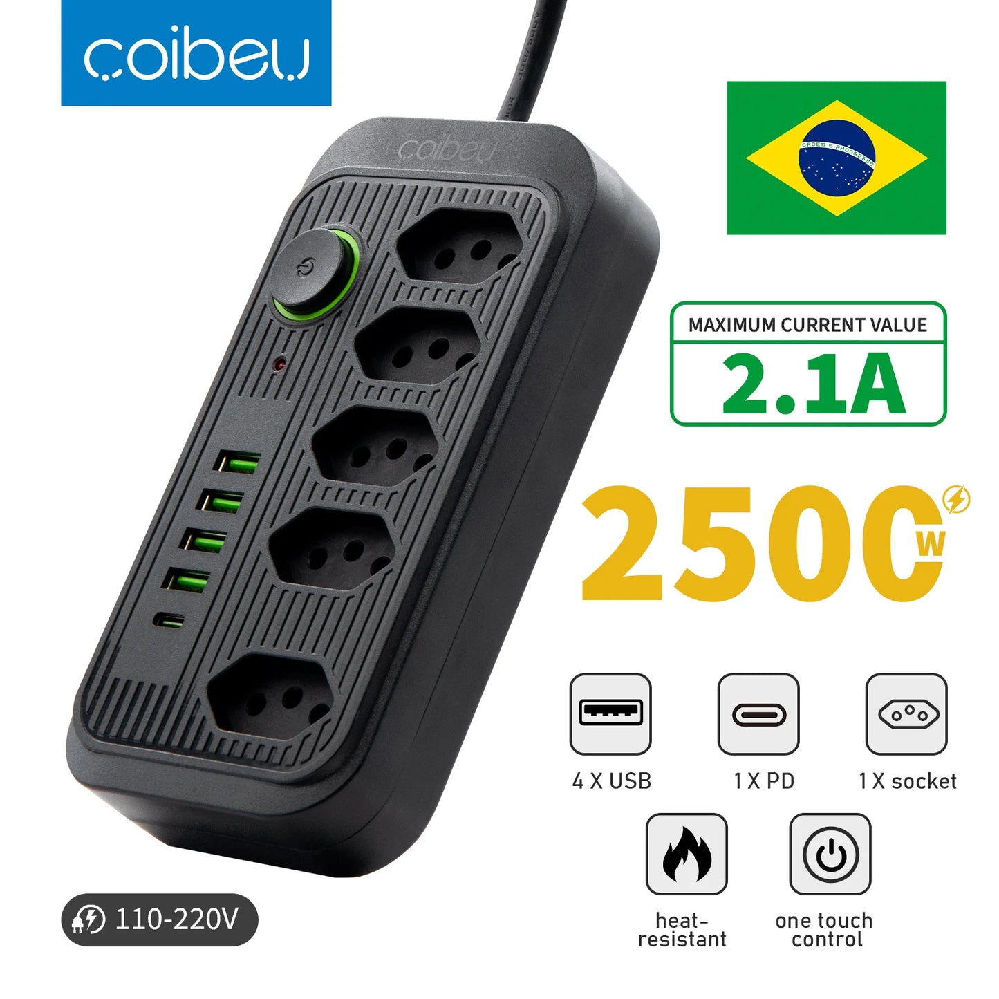 Extensão Tomada USB，filtro de linha para pc，do brasil, estenção de tomadas extensão eletrica,,coibeu,USB TYPE-C,,2m,110-220V