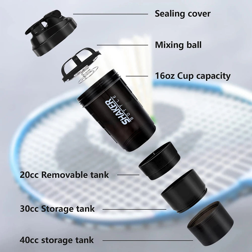 shaker de 3 camadas, garrafa de proteína em pó, copo de agitação, garrafa de água, copo de mistura de plástico, garrafa de exercício de construção corporal