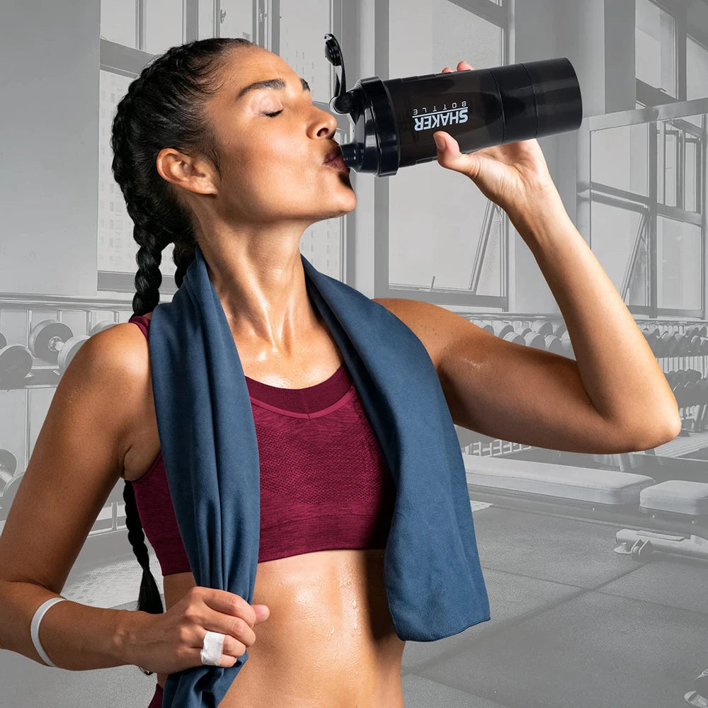 shaker de 3 camadas, garrafa de proteína em pó, copo de agitação, garrafa de água, copo de mistura de plástico, garrafa de exercício de construção corporal
