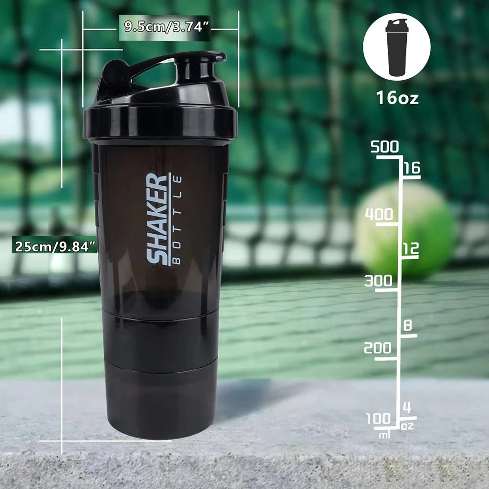 shaker de 3 camadas, garrafa de proteína em pó, copo de agitação, garrafa de água, copo de mistura de plástico, garrafa de exercício de construção corporal