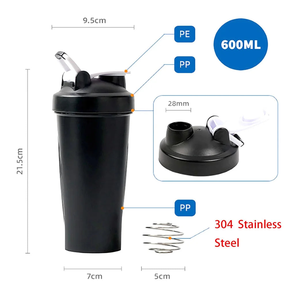 Shaker de Proteína Portátil 600ml Garrafa Fitness com bola de batedor de arame para atletas entusiastas, perfeito para academia e ao ar livre