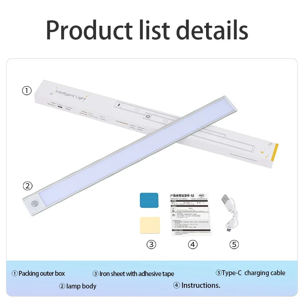 Luz noturna led com sensor de movimento, sem fio, usb, luz noturna para armário, cozinha, quarto, guarda-roupa, 20/30/40/60cm