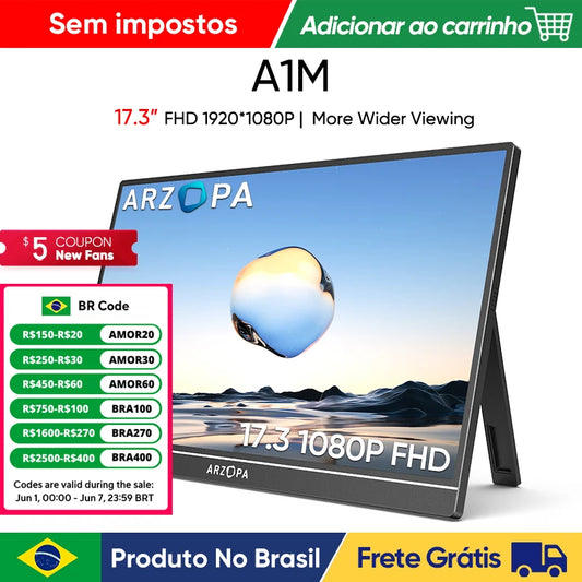 Novo ARZOPA 17.3 FHD Monitor Portátil 1080P Tela IPS de Exibição Externa com USB-C mini-porta HDMI para Laptop Mac PC Xbox PS Switch,com Suporte Embutido,A1M