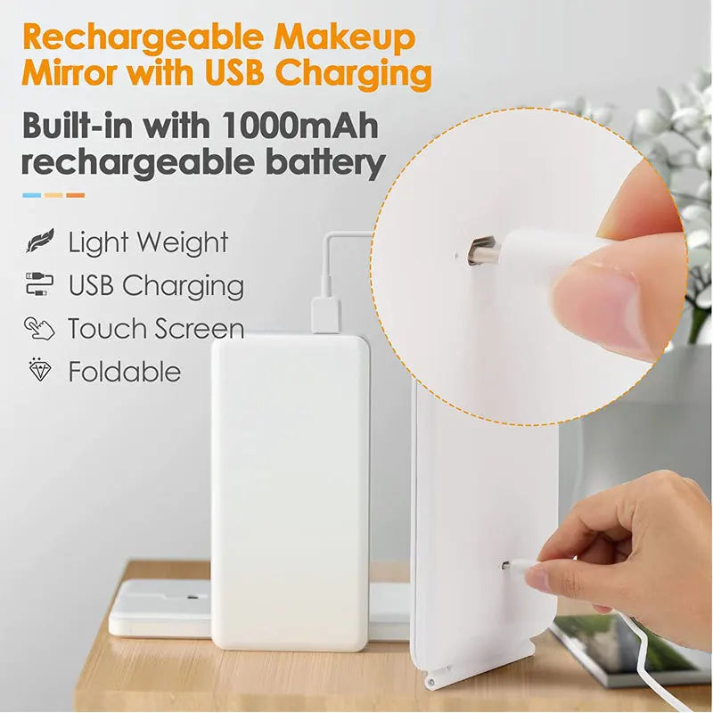 Portátil Vanity Lamp Folding Cosméticos Espelhos, Iluminado Touch Screen Makeup Mirror, Lâmpada LED, USB Recarregável, Design Dobrável