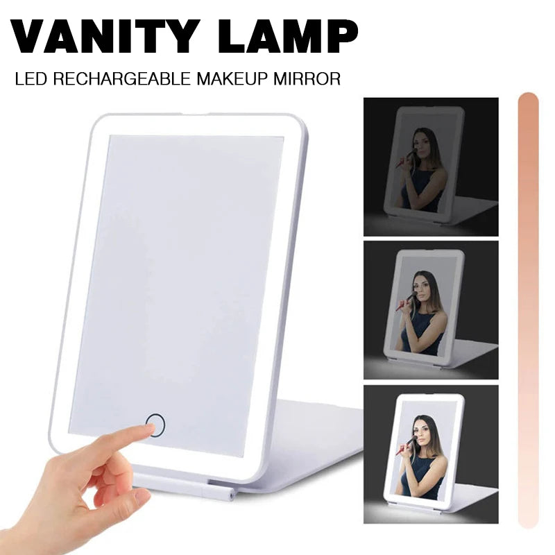 Portátil Vanity Lamp Folding Cosméticos Espelhos, Iluminado Touch Screen Makeup Mirror, Lâmpada LED, USB Recarregável, Design Dobrável