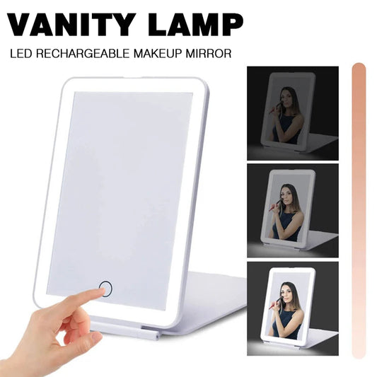 Portátil Vanity Lamp Folding Cosméticos Espelhos, Iluminado Touch Screen Makeup Mirror, Lâmpada LED, USB Recarregável, Design Dobrável